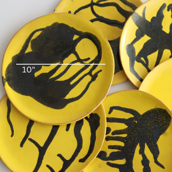 Studio CM | handmade yellow ceramic plates with blue abstract painting with a ten inch diameter measurement