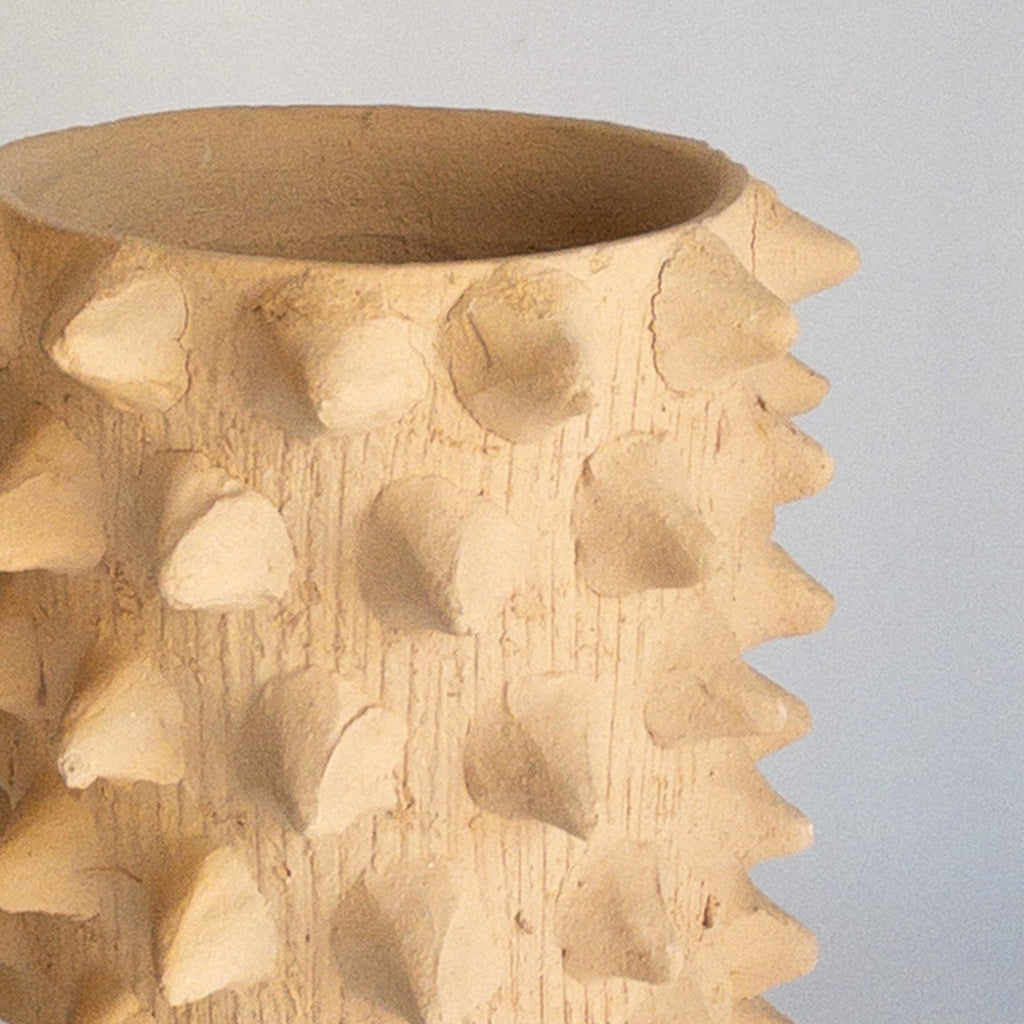 Studio CM | a terracotta ceramic planter that is cylindrical and has spike design details resembling the Mexican ceiba tree