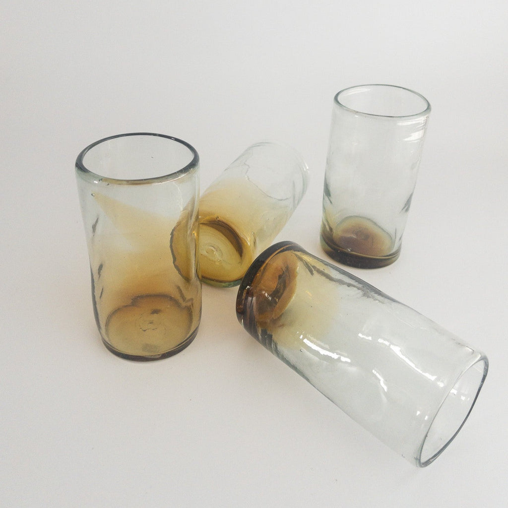 Studio CM | Handblown glass set of tumblers that have a textured finish and brown ombre and clear coloring