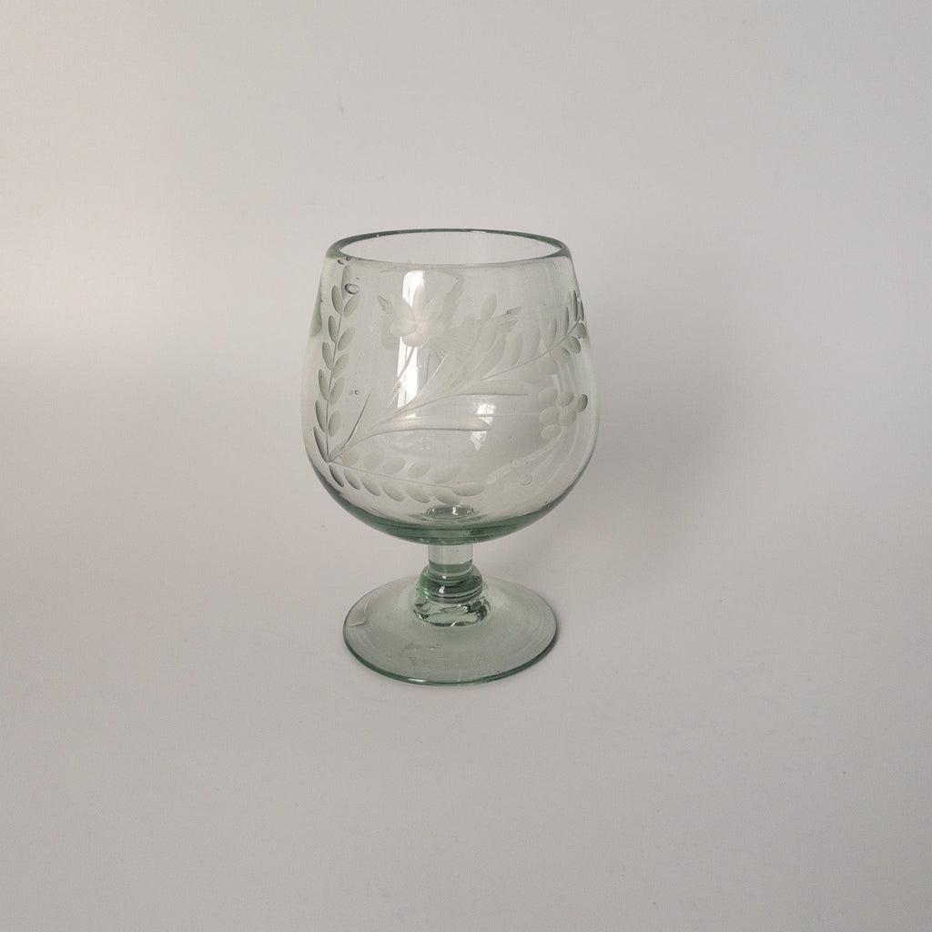 Studio CM | a larger snifter clear glass with traditional etching that creates a beautiful exterior design