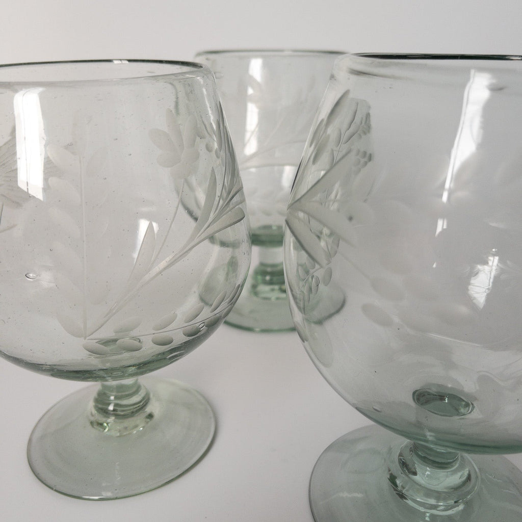 Studio CM | a larger snifter clear glass with traditional etching that creates a beautiful exterior design