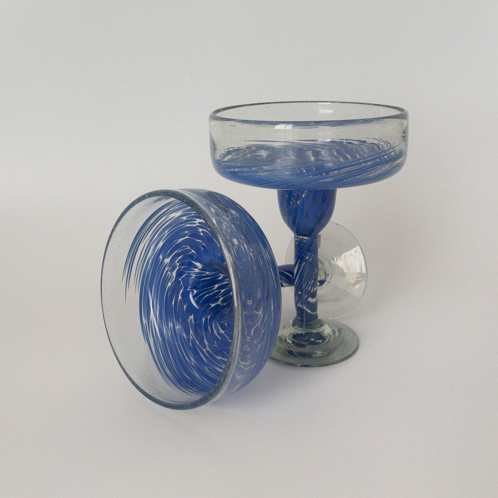 Studio CM | Margarita glass with a blue modern swirl design that were handblown in Jalisco, MX