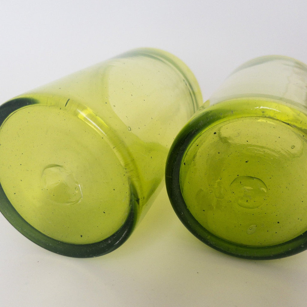 Studio CM | Bright green tall glasses that are handblown in Jalisco Mexico.