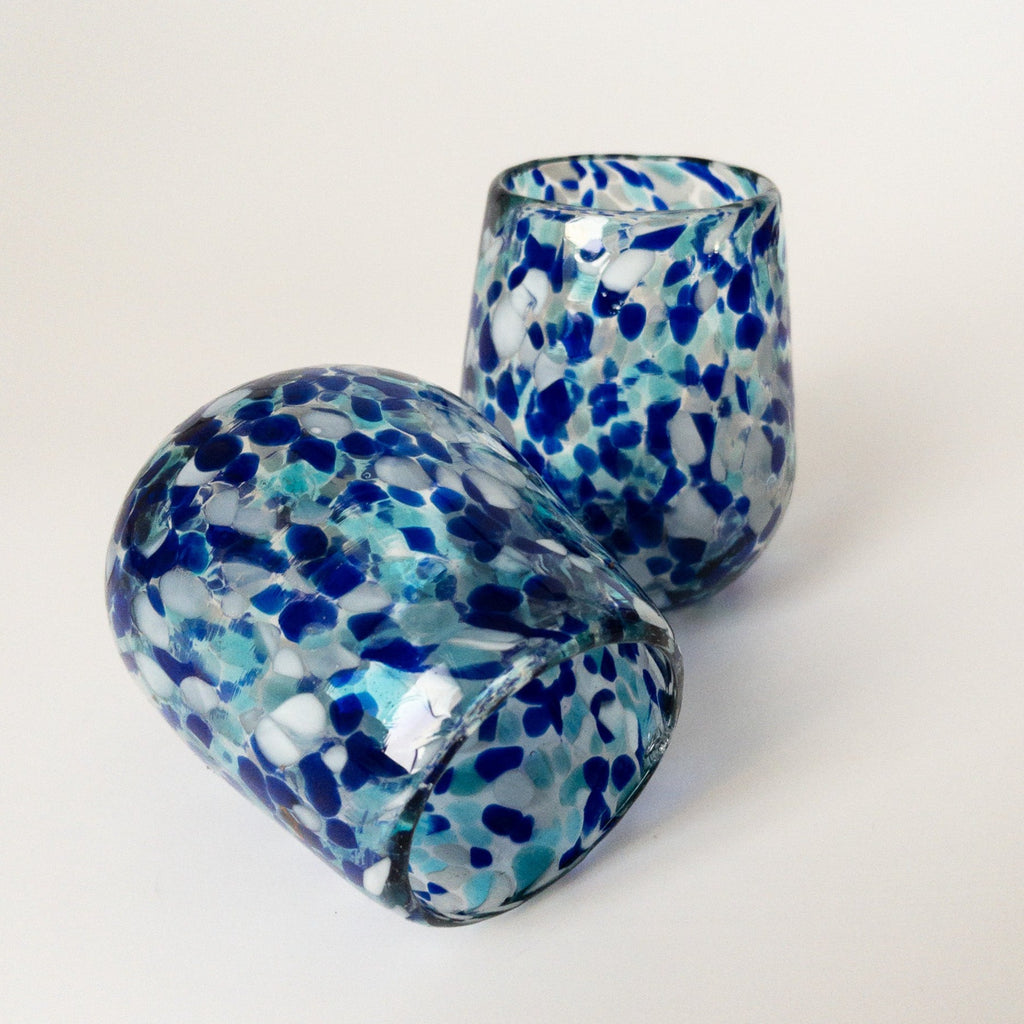 Studio CM | a pair of blue and white speckled glasses hand blown in Jalisco Mexico