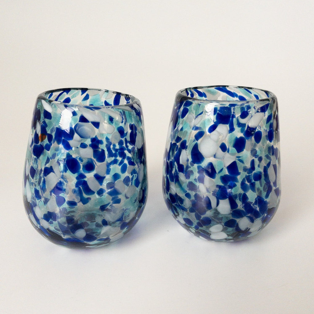 Studio CM | a pair of blue and white speckled glasses hand blown in Jalisco Mexico