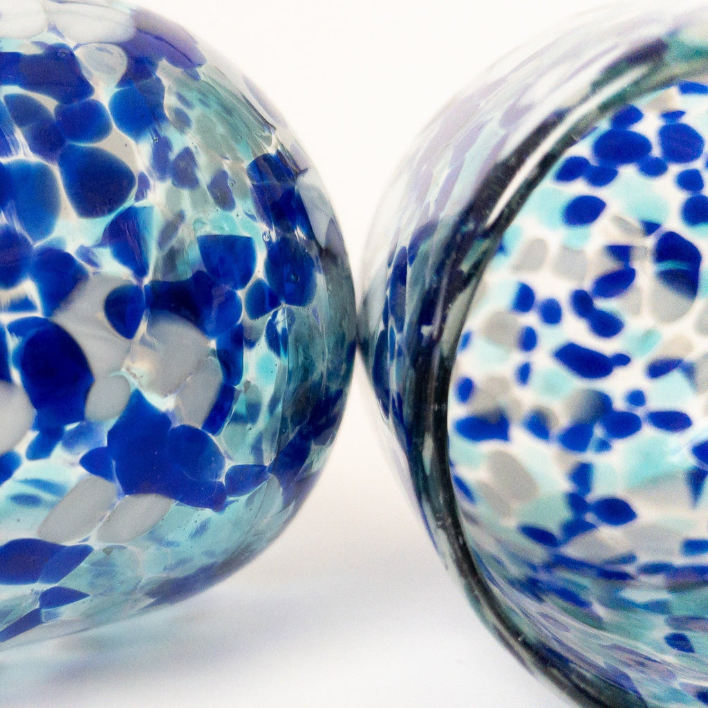 Studio CM | a pair of blue and white speckled glasses hand blown in Jalisco Mexico