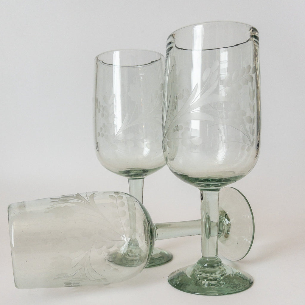 Studio CM | Wine glasses with etched flowers hand blown glass from Jalisco, Mexico