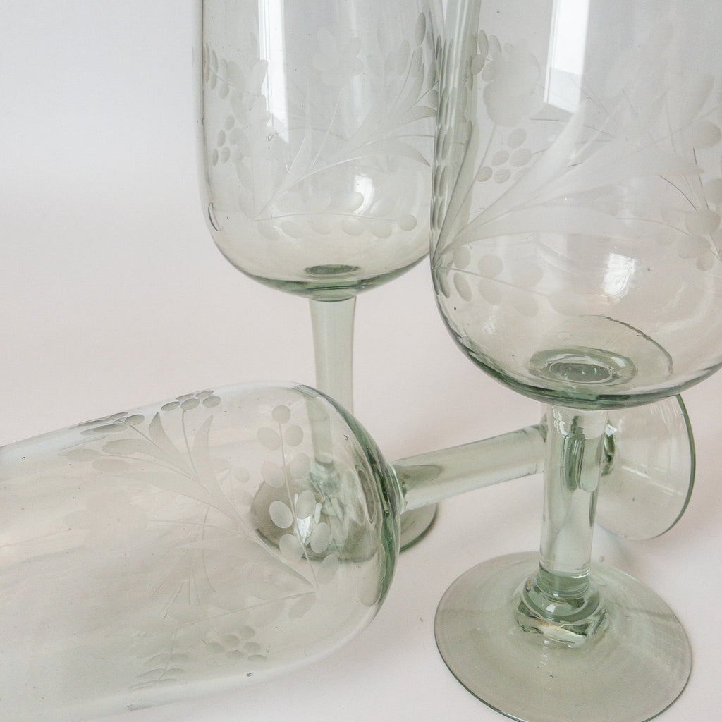 Studio CM | Wine glasses with etched flowers hand blown glass from Jalisco, Mexico