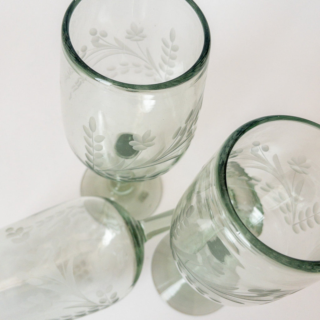 Studio CM | Wine glasses with etched flowers hand blown glass from Jalisco, Mexico