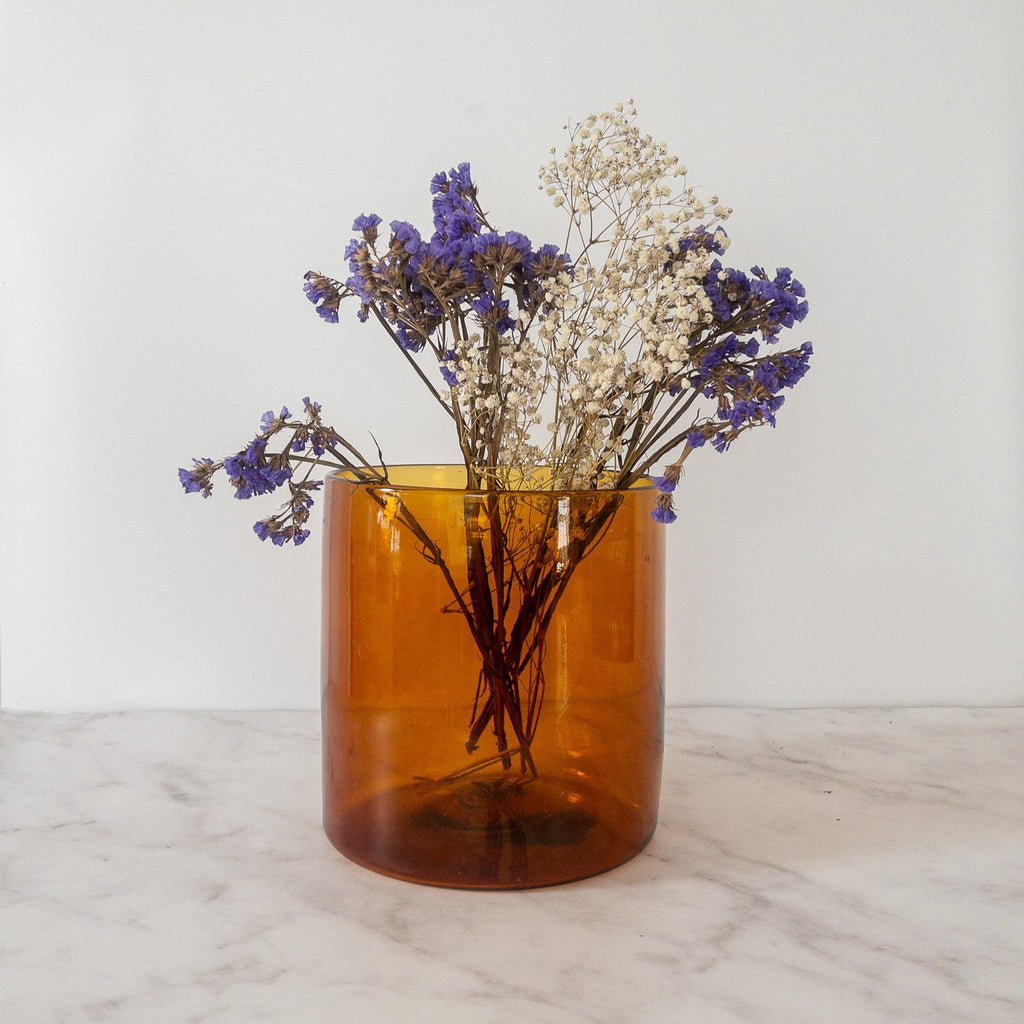 Studio CM | A handblown amber cylindrical vase made from recycled glass in Jalisco, Mexico