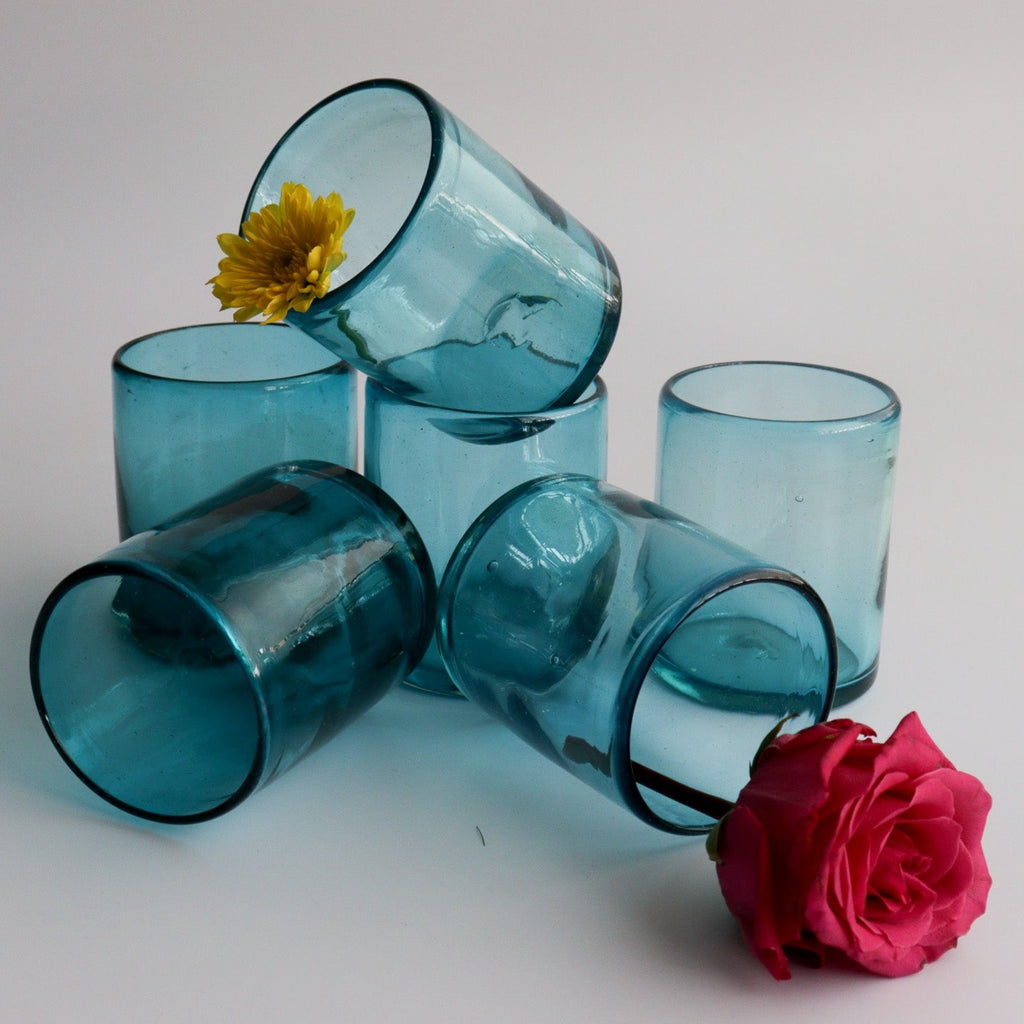 Studio CM | Blue tumblers made from recycled glass. Modern and sustainable glassware from Jalisco, Mexico.