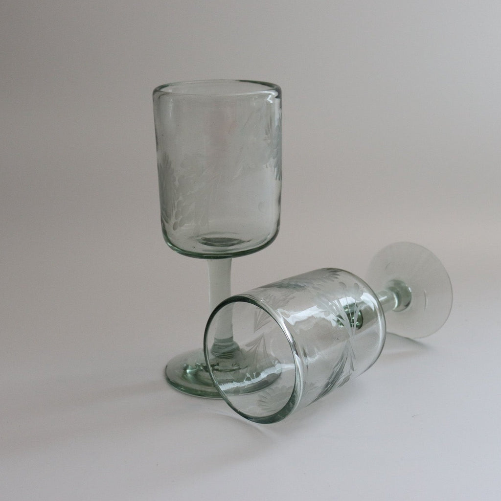 Studio CM | two clear etched glasses with stems hand blown in Jalisco Mexico