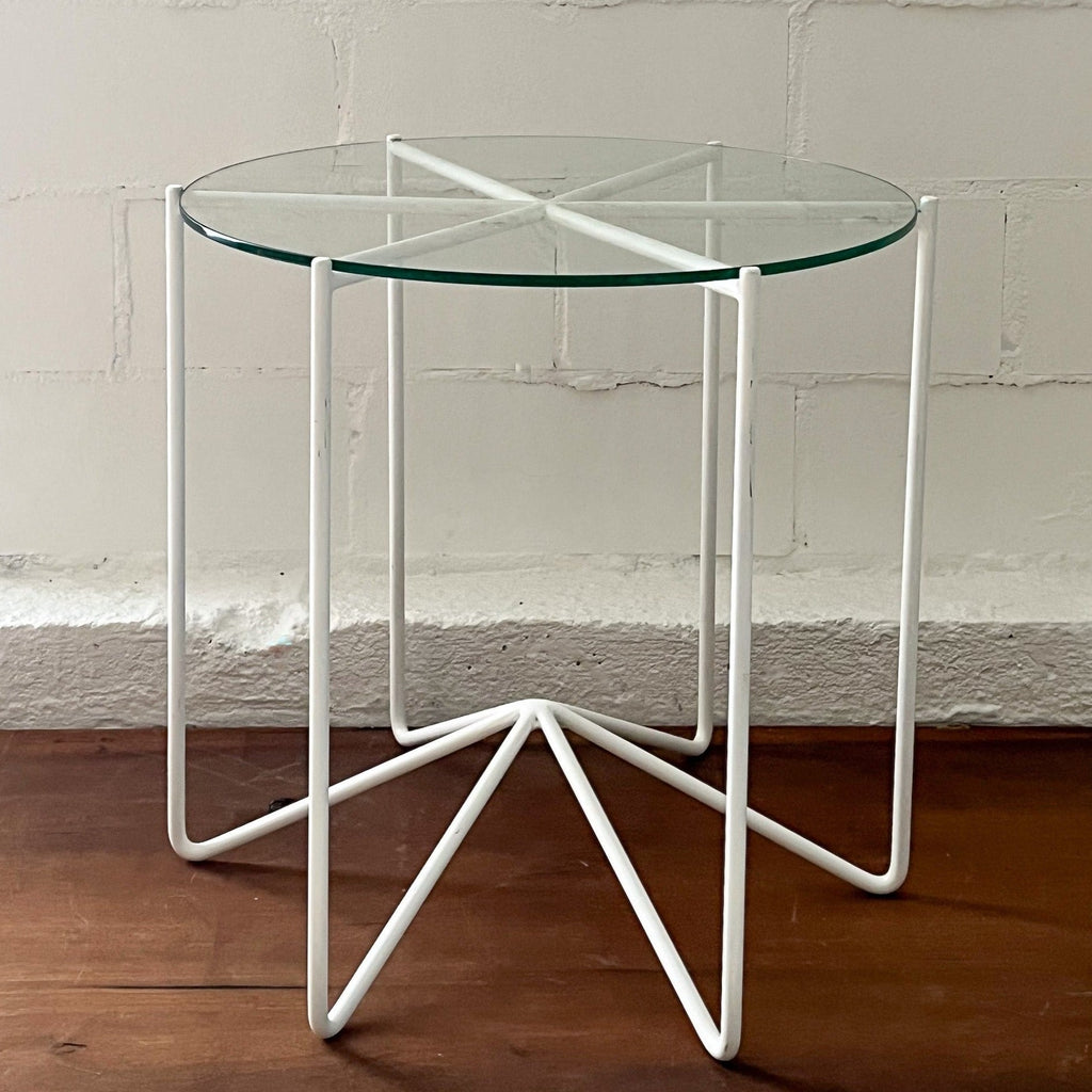 Studio CM | a white side table made of rod iron with a round tapered glass top  made in Guadalajara Mexico