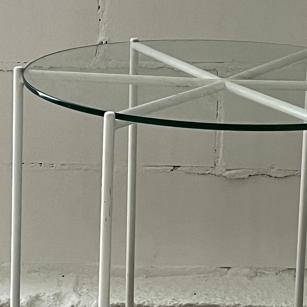 Studio CM | a white side table made of rod iron with a round tapered glass top  made in Guadalajara Mexico