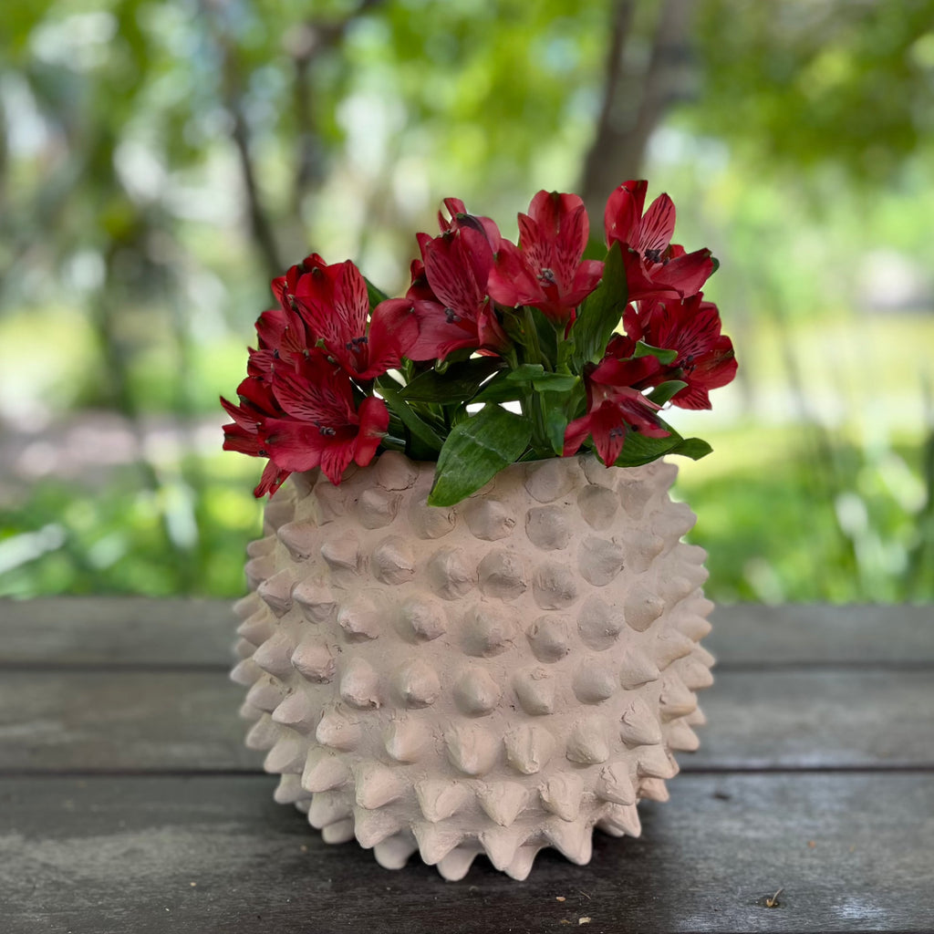 Studio CM | Terracotta colored planter with spikes handmade in Oaxaca to resemble the ceiba tree