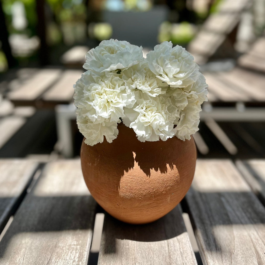 Studio CM | A terracotta planter that is round with a small plate underneath