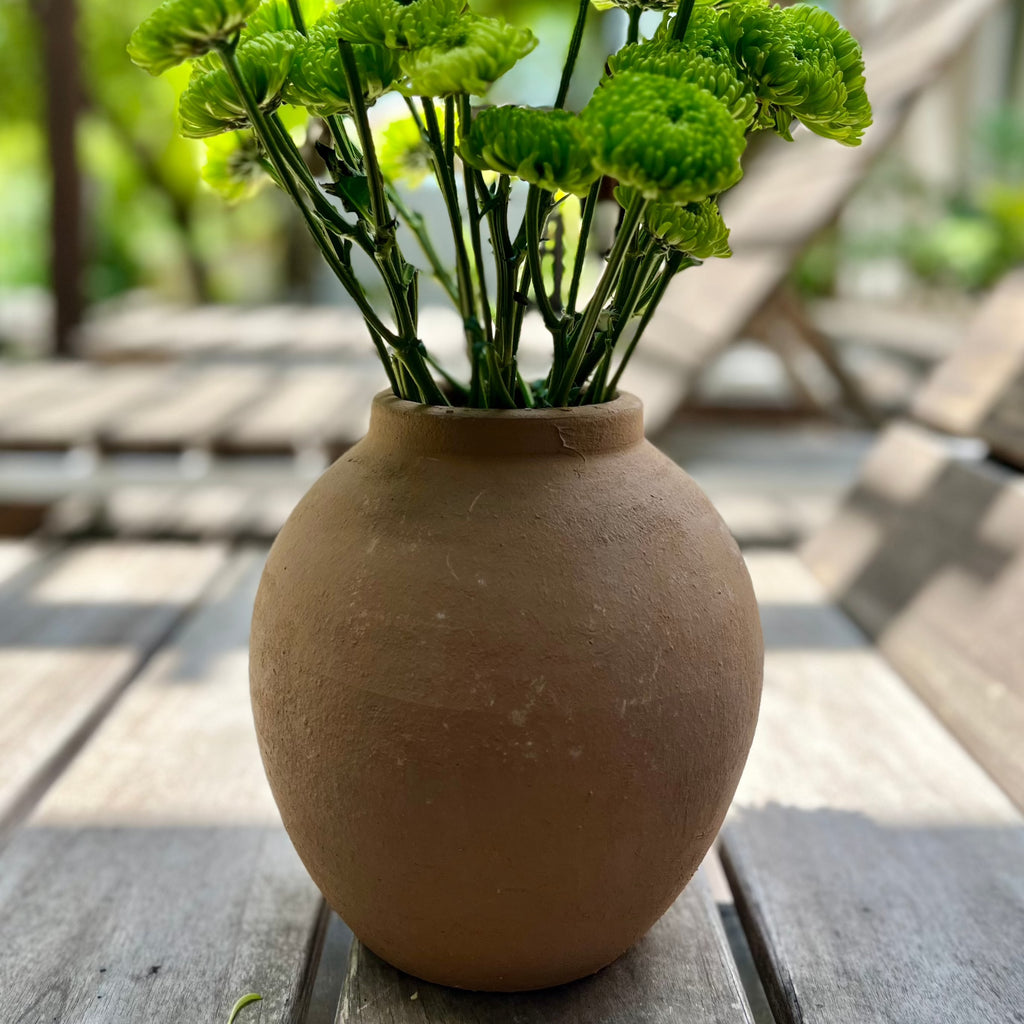 Studio CM | A terracotta planter that is round with a thin lip detail with it's matching dish