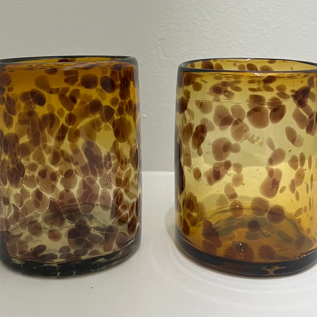 Studio CM | two tortoise colored glass tumblers made in Jalisco, Mexico from recycled glass