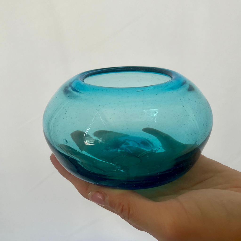 Studio CM | a small glass bowl that is a lovely blue color handblown from recycled material in jalisco mexico 