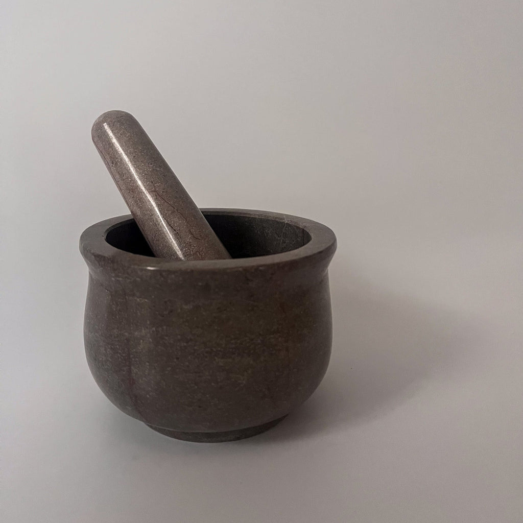 Studio CM | Chocolate brown marble mortar and pestle set from Jalisco Mexico 