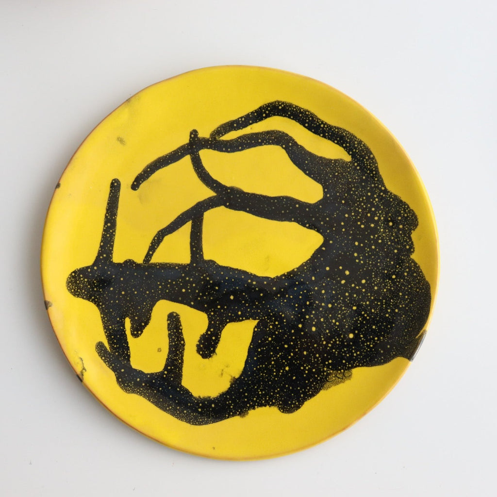 Studio CM |  handmade yellow ceramic plate with blue abstract painting