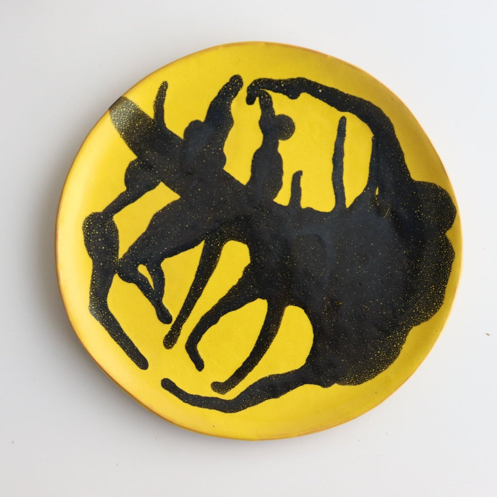 Studio CM | handmade yellow ceramic plate with blue abstract painting