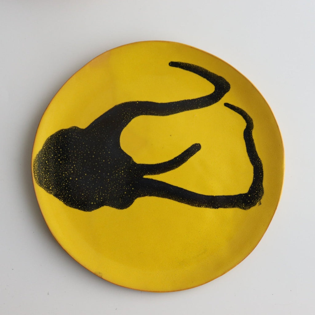 Studio CM | handmade yellow ceramic plate with blue abstract painting